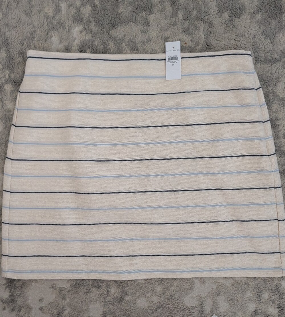 Ann Taylor Cream Tweed A-Line Skirt with Navy and Light Blue Stripes